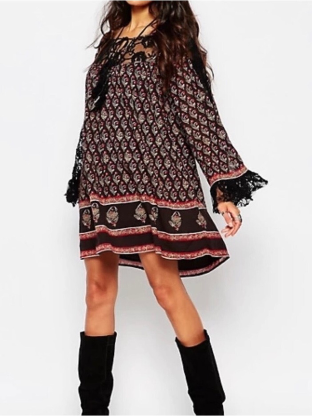 Free People Nomad Child boho swing dress tunic black lace NWOT - M fits L to XL